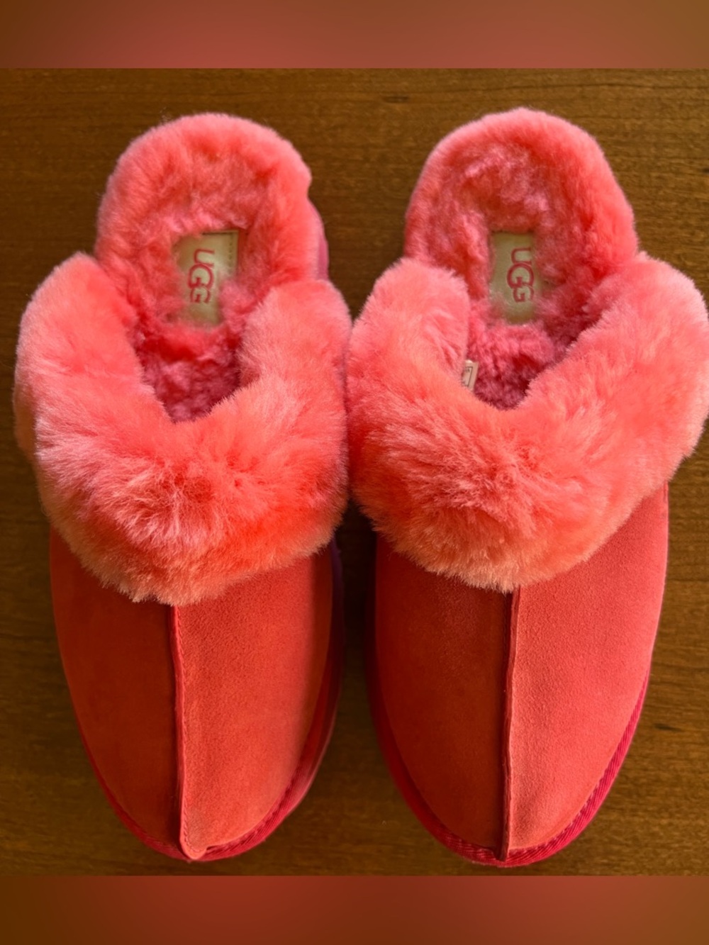UGG DISQUETTE SLIDE HIBISCUS PINK SUEDE SHEARLING CUFF PLATFORM SLIPPER SHOES